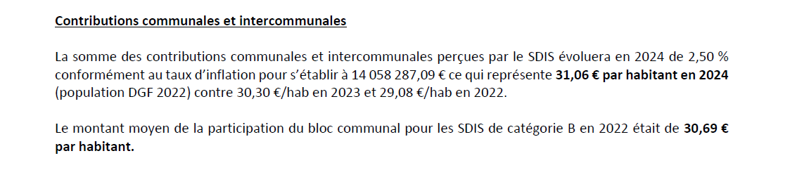 Extrait du rapport d'orientations budgétaires 2024 qui illustre la contribution des communes et des EPCI de la Vienne qui se situe dans la moyenne des SDIS de même catégorie. 